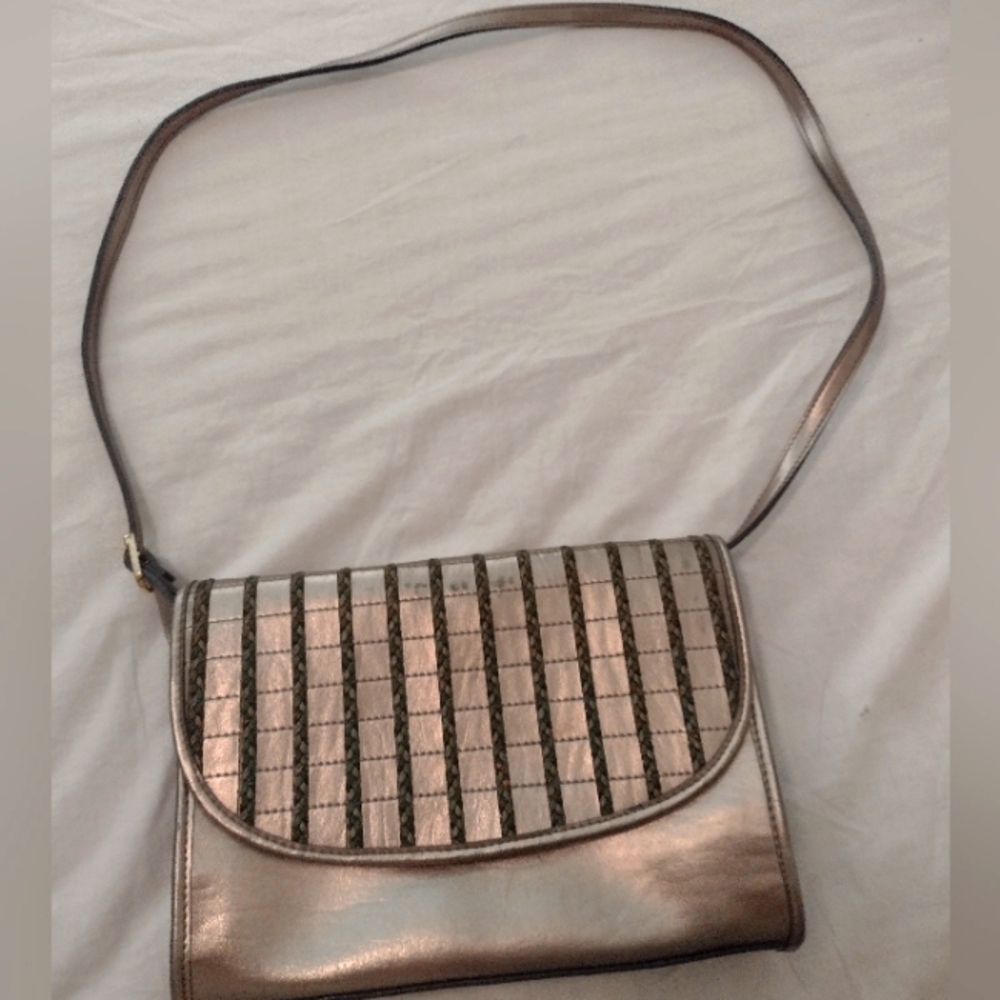 Leather No Name Brand Vintage Shoulderbag Gold With Green, 3 Internal Pockets